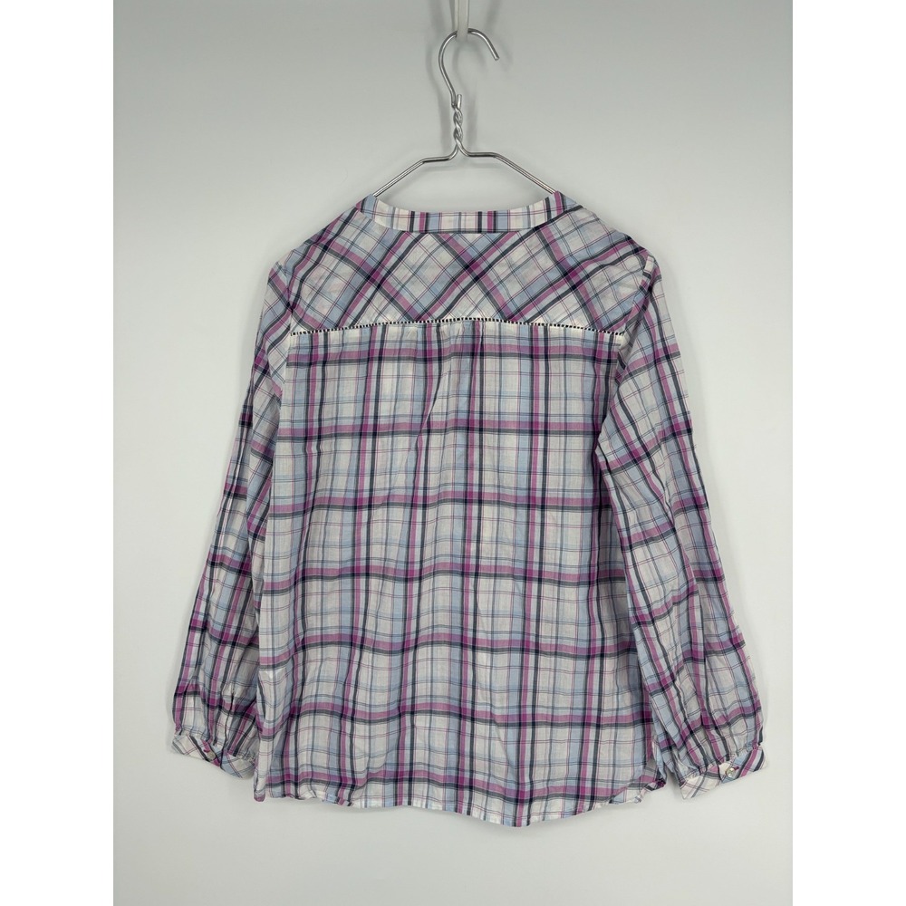Talbots Blouse M Blue Purple Plaid 100% Cotton Peasant Popover Preppy - Picture 2 of 7